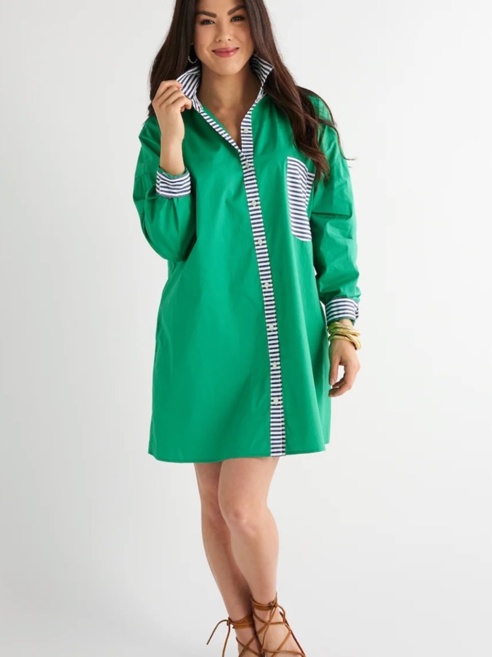 NWT Caryn Lawn Lindsey Shirt Dress Green With Navy Stripe Contrast One Size